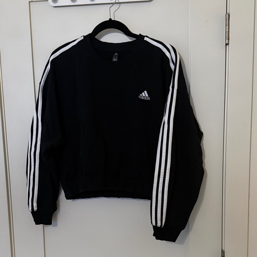 Adidas Black Crewneck with White Sleeve Stripes crop